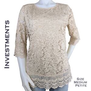 Investments Petite Tunic Top Medium Beige Lace Crochet Overlay Sheer Dressy